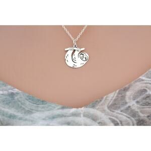 Sterling Silver Flat Sloth Charm Necklace, Silver Flat Sloth Charm Necklace